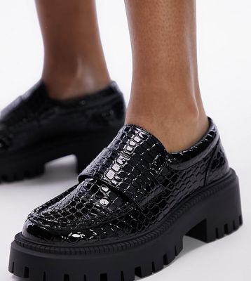Topshop Wide Fit Lottie chunky loafer in black croc