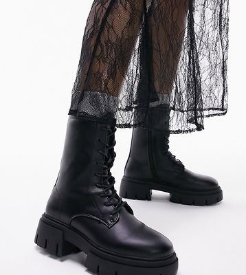 Topshop Wide Fit Lydia chunky lace up boots in black