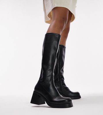 Topshop Wide Fit Maisie knee high block heel boot in black