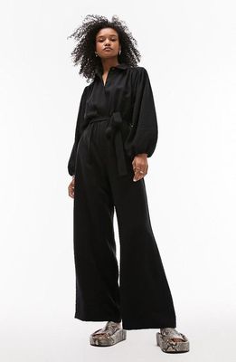 Topshop Wide Leg Long Sleeve Jumpsuit in Black