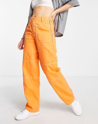 Topshop workwear straight leg pants with fold over waistband detail in orange