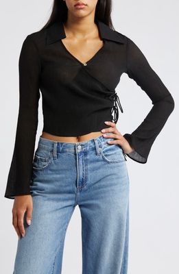 Topshop Wrap Front Long Sleeve Woven Top in Black at Nordstrom, Size 6 Us