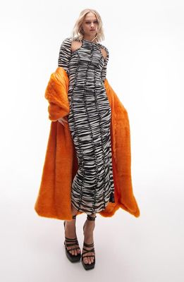 Topshop Zebra Ruched Cutout Long Sleeve Mesh Midi Dress in Black
