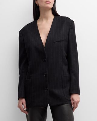 Torania Pinstripe Collarless Single-Breasted Cashmere Blazer Jacket