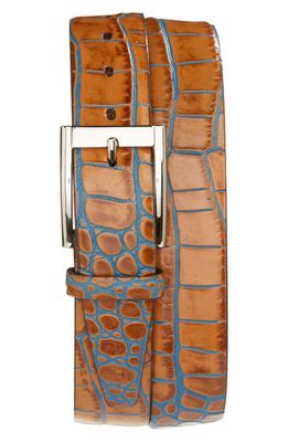 Torino Croc Embossed Leather Belt in Tan/Blue 