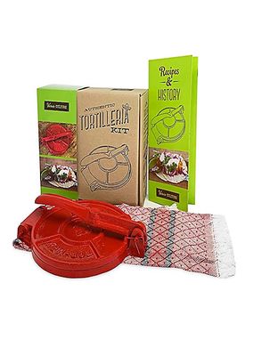 Tortilla Press Kit - Red Cast Iron With Serviletta
