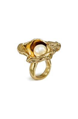 Tory Burch Brutalist Imitation Pearl Ring in Antique Light Brass /Pearl