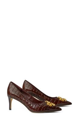 Tory Burch Eleanor Croc Embossed Pointed Toe Pump in Brown Croc /Rolled Brass