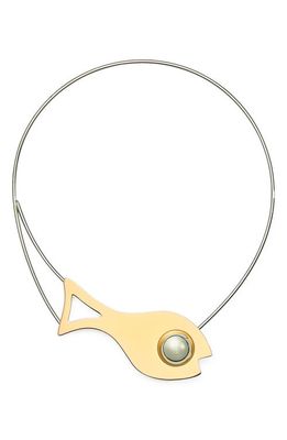 Tory Burch Fish Collar Necklace in Light Brass/pewter