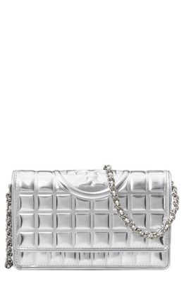 Tory Burch Fleming Soft Quilted Metallic Leather Wallet on a Chain in Silver
