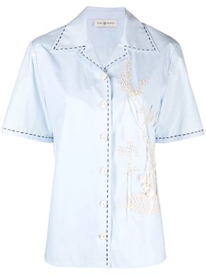 Tory Burch floral-embellished short-sleeve shirt - Blue