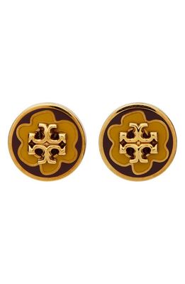 Tory Burch Kira Circle Stud Earrings in Tory Gold /Burgundy Flower