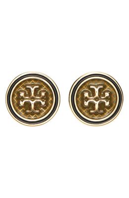 Tory Burch Kira Guilloche Circle Stud Earrings in Tory Gold /Green /Tory Navy