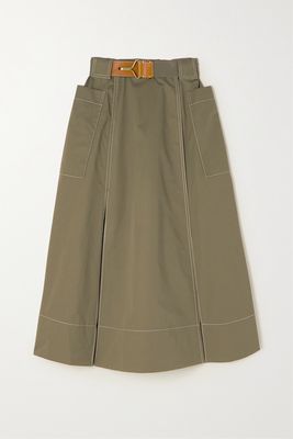 Tory Burch - Leather-trimmed Belted Paneled Topstitched Cotton-twill Midi Skirt - Brown