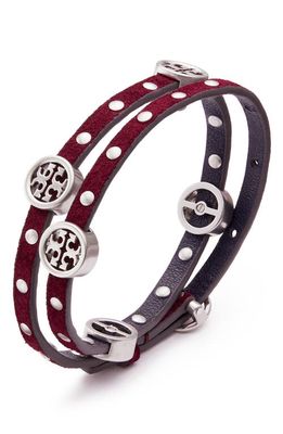 Tory Burch Miller Double Wrap Leather Bracelet in Antique Tory Silver/Burgundy