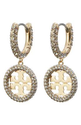 Tory Burch Miller Pavé Crystal Logo Drop Huggie Hoop Earrings in Tory Gold /Crystal