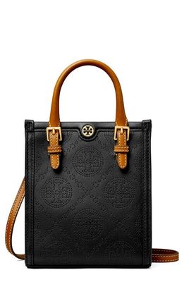 Tory Burch Mini T Monogram Perforated Leather Crossbody Tote in Black