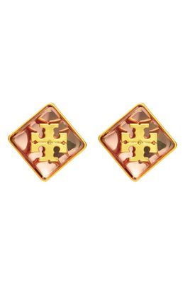 Tory Burch Resin Logo Stud Earrings in Rolled Gold /Pink