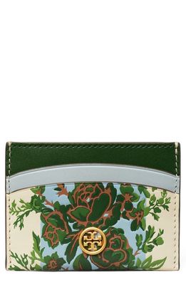 Tory Burch Robinson Madeline Leather Card Case in Ivory-Blue-Green Fleurie