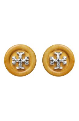Tory Burch Roxanne Button Stud Earrings in Worn Tory Silver /Light Wood