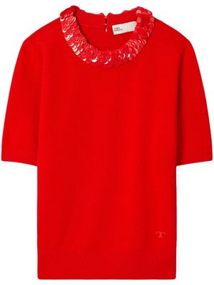 Tory Burch sequin-embellished fine-knit top - Red