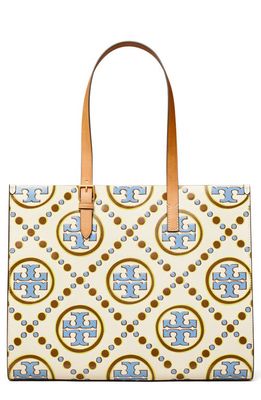Tory Burch T Monogram Contrast Embossed Tote in New Ivory /Dauphin Blue