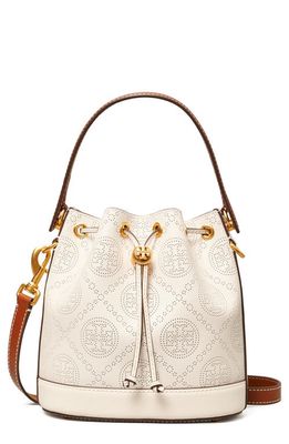 Tory Burch T Monogram Perforated Leather Bucket Bag in New Ivory