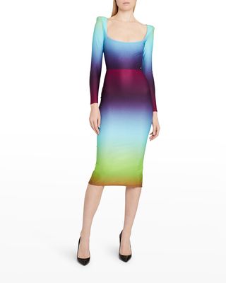Toryn Ombre-Print Strong-Shoulder Midi Dress