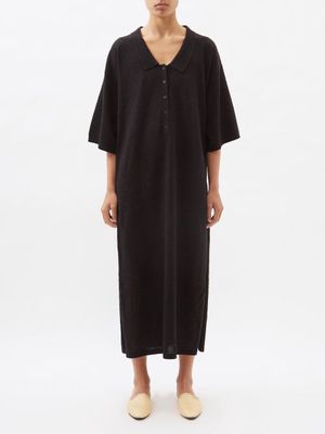 Toteme - Collared V-neck Cotton-blend Terry Midi Dress - Womens - Black