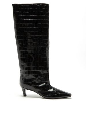 Toteme - Crocodile-effect Leather Knee-high Boots - Womens - Black