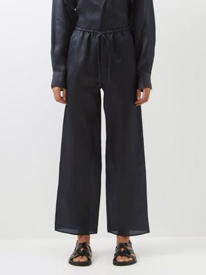 Toteme - Drawstring-waist Silk-satin Trousers - Womens - Navy