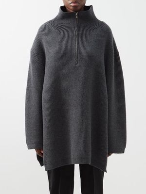Toteme - Fisherman Zipped Wool-blend Roll-neck Sweater - Womens - Dark Grey