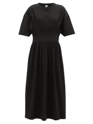 Toteme - Gathered-waist Organic-cotton Jersey Midi Dress - Womens - Black