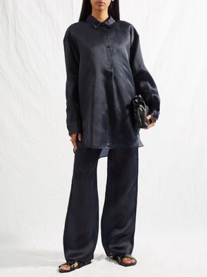 Toteme - Half-button Silk-satin Shirt - Womens - Dark Navy