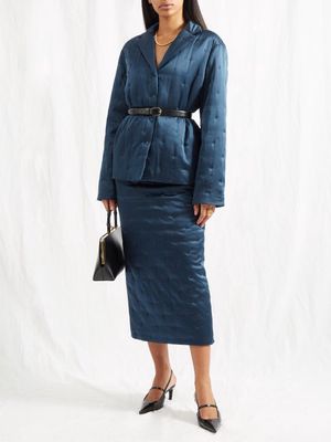 Toteme - High-waist Padded Silk-satin Midi Skirt - Womens - Dark Blue