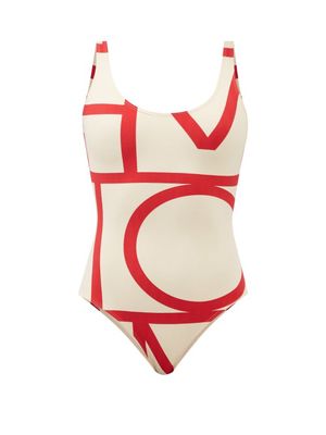 Toteme - Logo-print Scoop-neck Swimsuit - Womens - Red Print