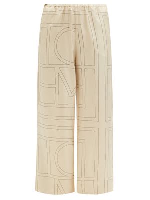 Toteme - Monogram-embroidered Silk-twill Pyjama Trousers - Womens - Cream