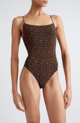 TOTEME Print Smocked One-Piece Swimsuit in Tortoise Print