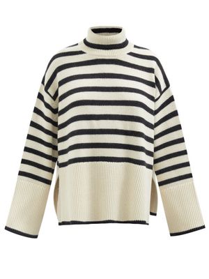 Toteme - Roll-neck Striped Wool-blend Sweater - Womens - Beige Stripe