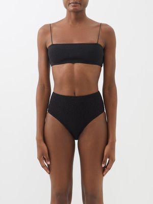 Toteme - Smocked Recycled-fibre Blend Bikini Top - Womens - Black