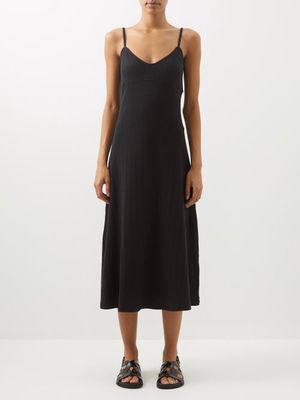 Toteme - V-neck Ribbed Cotton-blend Midi Dress - Womens - Black
