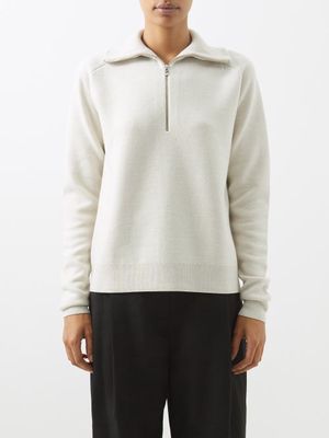 Toteme - Zip-neck Double-knit Merino-blend Sweater - Womens - Ivory