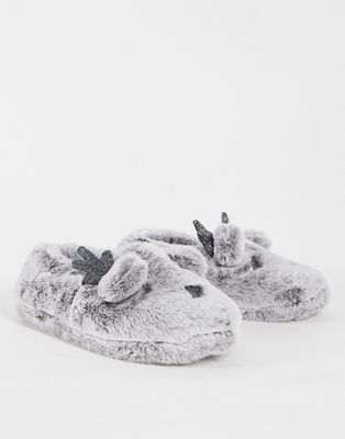 Totes fluffy christmas reindeer slipper in gray-Grey