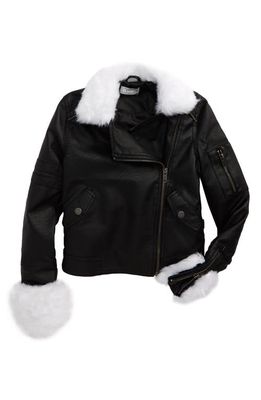 Tractr Faux Leather Bomber Jacket with Faux Fur Trim in Black