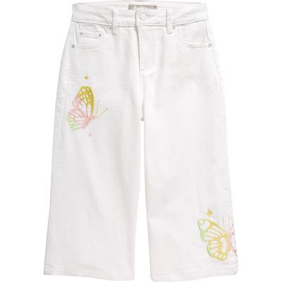 Tractr Kids' Butterfly Embroidered Wide Leg Crop Jeans in White 