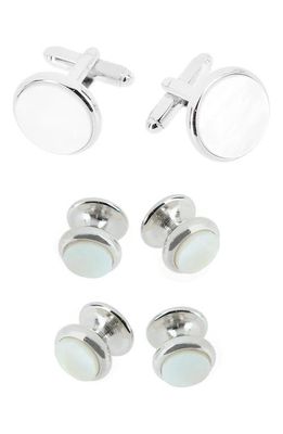 Trafalgar Sutton Mother of Pearl Cuff Link & Stud Set in Rhodium With Mother Of Pearl