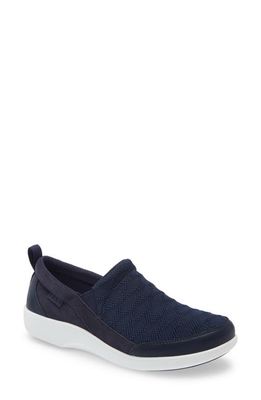 TRAQ by Alegria Melodiq Slip-On Sneaker in Navy Waves Leather 