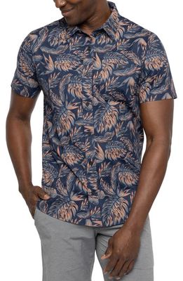 Travis Mathew Port Royal Leaf Print Stretch Short Sleeve Button-Up Shirt in Dress Blues