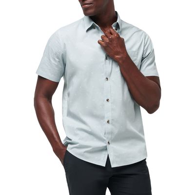 TravisMathew Across the Pond Geo Print Short Sleeve Stretch Button-Up Shirt in Heather Arona