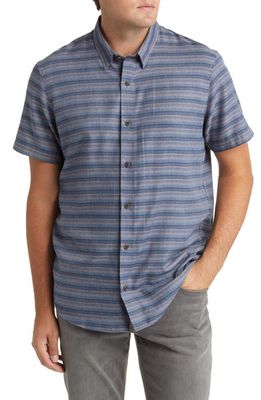 TravisMathew Edina Stripe Short Sleeve Button-Up Shirt in Heather Dress Blues